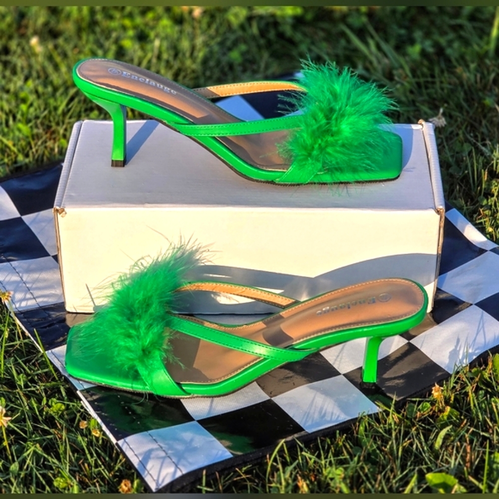 Enelauge Feather Square Toe Kitten Heel Green Sz.45 (W11-13,M11-12)